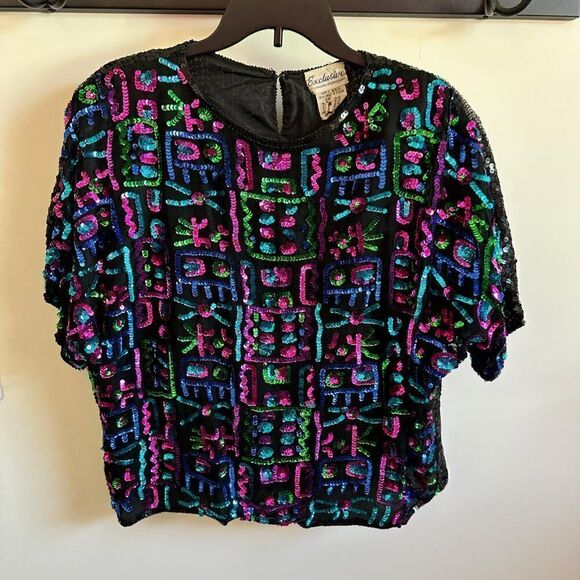 Vintage 80s sequin beaded rhinestone silk short sleeve blouse Pink 80s 90s geome - Picture 1 of 8